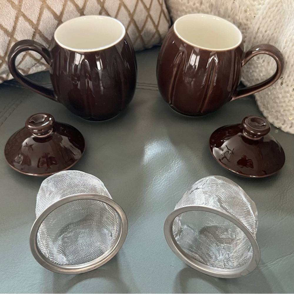 Vintage TEAVANA Brown MCM PORCELAIN 6pc TEA Coffee 8oz CUP MUG SET w/ Infusers - Picture 5 of 16